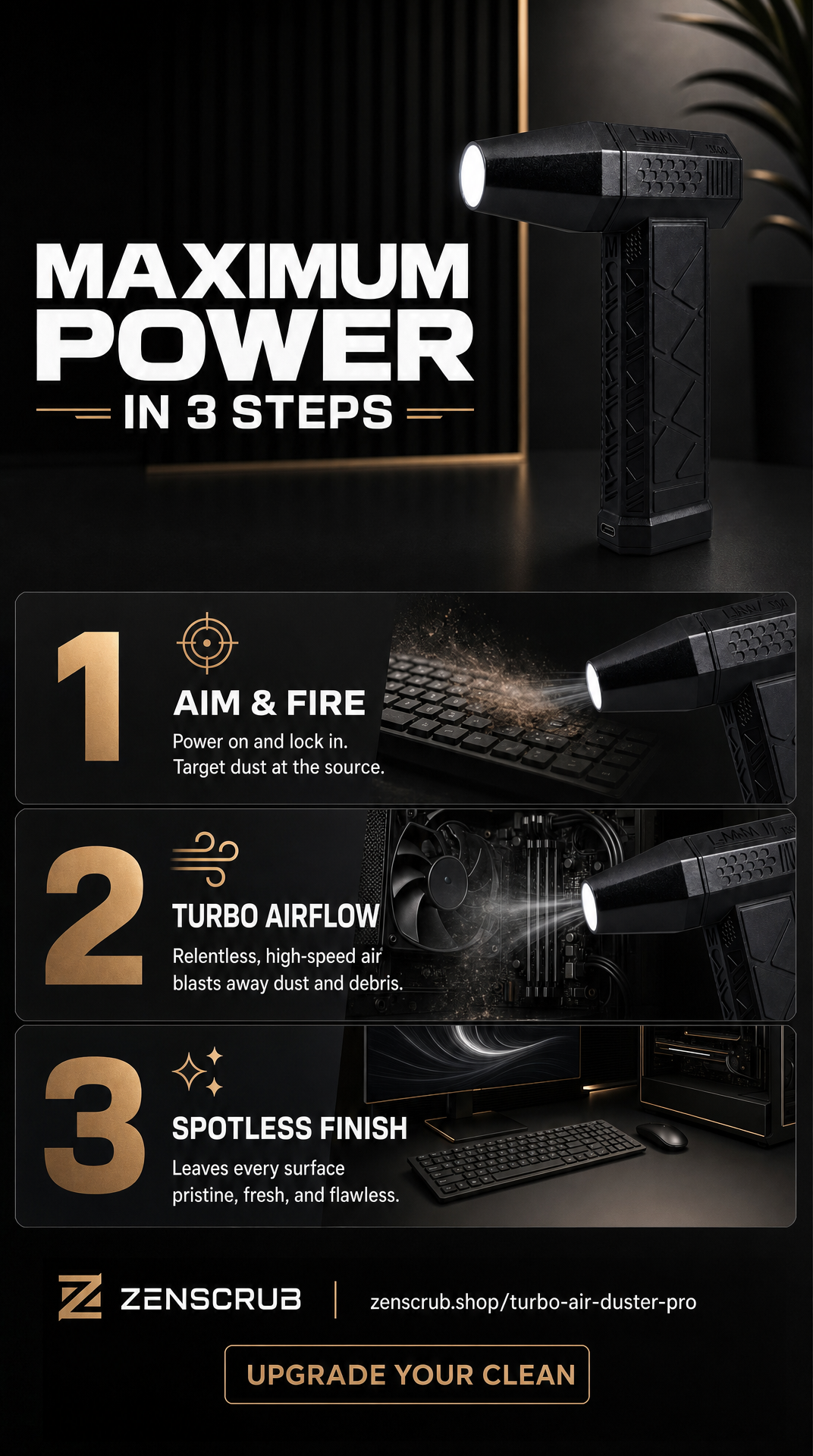 Turbo Air Duster Pro — effortless dust removal in 3 steps